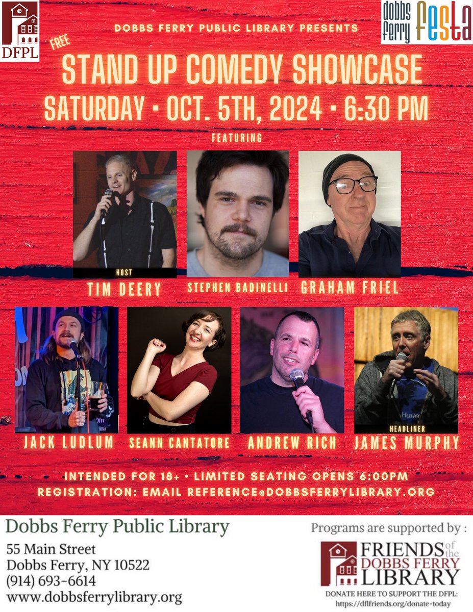 MummiesOnMainSt's tweet photo. This Saturday!
 #DobbsFerry #FerryFesta #DowntownDobbsFerry #914 #StandUp #comedy #funny #comedian #Westchester #LoHud #HudsonValley #HudsonRiver #Rivertowns #Greenburgh #LibrariesOfInstagram #NewYork #NY #Yonkers #Irvington #SleepyHollow #Hastings #ComedyOnTheHudson #TimDeery https://t.co/HtecZ6iN5g