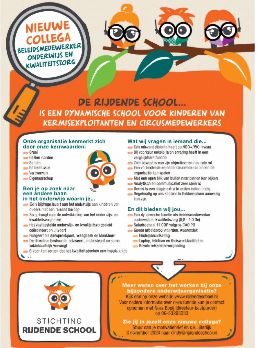 Stichting Rijdende School zoekt een beleidssmedewerker onderwijs en kwaliteitszorg, kijk voor meer info op rijdendeschool.nl 
#onderwijs #rijdendeschool #kwaliteitszorg #kermis