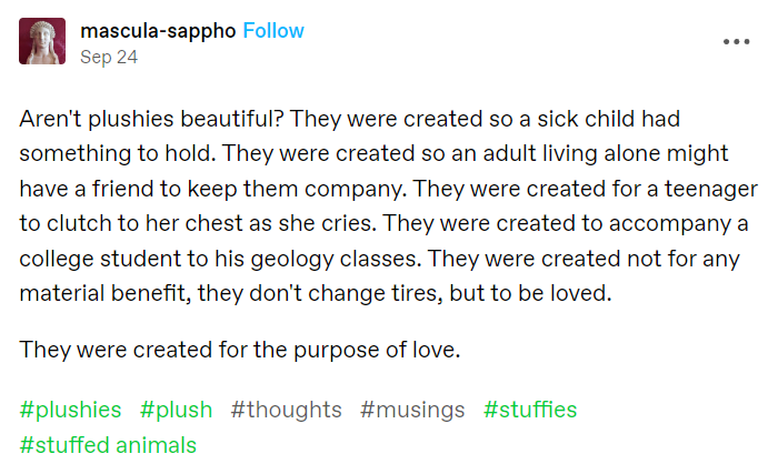 What a lovely thought about stuffed animals!