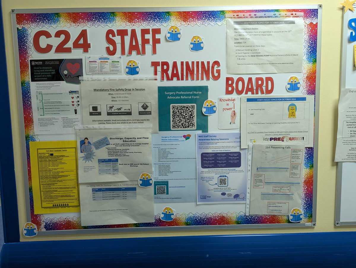 🚨 Attention Staff! 🚨

The training boards on C31 &amp; C24 have been updated! 🎯
New drop-in training sessions this month:
Moving &amp; Handling
Hand Hygiene 
New Device Training
Plus, October's focus on completing your ESR! 📋Check it out &amp; join in! 💪 #ESR #StaffDevelopment #NEGSS