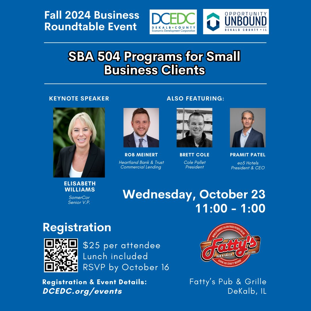 We're Back! Business Roundtable Event 🎉

Hear from lending practitioners and local business owners to help your business thrive under the SBA 504 program. Buffet-style lunch provided by Fatty’s.

More Info &amp; Reserve your spot by Wednesday, October 16th at dcedc.org/events/