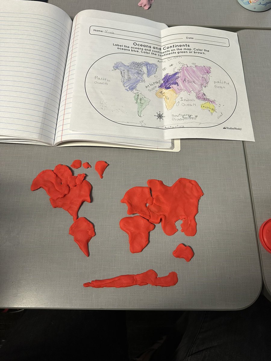 Learning about continents and oceans ! 

My students told me there was no way we could build all 7 continents with one container of playdoh. I had to test the theory myself. 

#exleytweets