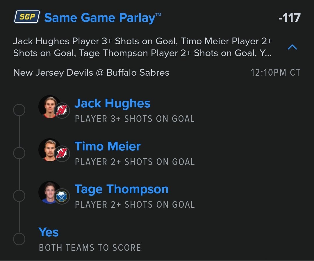 NHL IS BACK!
Our first game of the season so stay light as the season begins! We will start with a shots lay builder. 
Meir averages 2.28 SOG vs Sabres during career.
Hughes averages 3.81 SOG vs Sabres during his career 
Thompson averages 3.17 SOG vs Devils
To win 1U.
#NHL