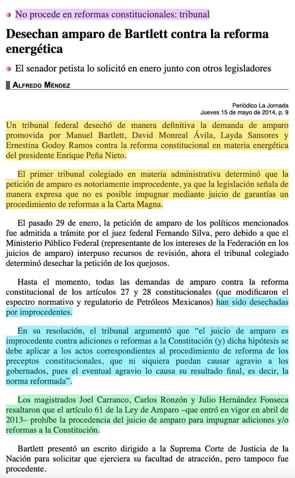 manuelhborbolla's tweet image. Acá cuando la mafia de la toga decía que los amparos no procedían contra reformas constitucionales para apoyar la reforma energética del PRIAN en 2014.

10 años después, ahora dicen que los amparos sí proceden porque no les gustó la reforma judicial.

La ley a conveniencia. 🤢🤮