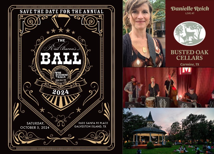 Lots of music this weekend!
10/5 <a href="/GalvRRmuseum/">Galveston Railroad Museum</a> Rail Barron's Ball w/<a href="/bsaunderz/">Bruce Saunders</a> @theltonbass <a href="/worldpop4life/">Lydia Bain</a>
10/6 <a href="/Bustedoakcella1/">Bustedoakcellars</a> 2PM
10/6 <a href="/Brasserie19/">Brasserie 19</a> w/<a href="/SwingRendezvous/">Swing Rendezvous</a> 7PM
10/7 #boomtownbrassband @ Marmion Park in the Houston Heights 7PM
More: daniellereich.com