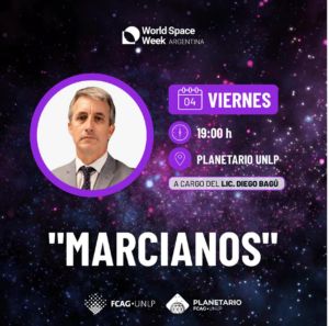 El Grupo de Estudios Espaciales y Nucleares del <a href="/iriunlp/">Instituto de Relaciones Internacionales - UNLP</a> de la @UNLP se une a la conmemoración de la Semana Mundial del Espacio e invita a la charla "Marcianos" que dictará Diego Bagú hoy 4/10 a las 19 hs en el Planetario UNLP 
buff.ly/3BxJ9QJ