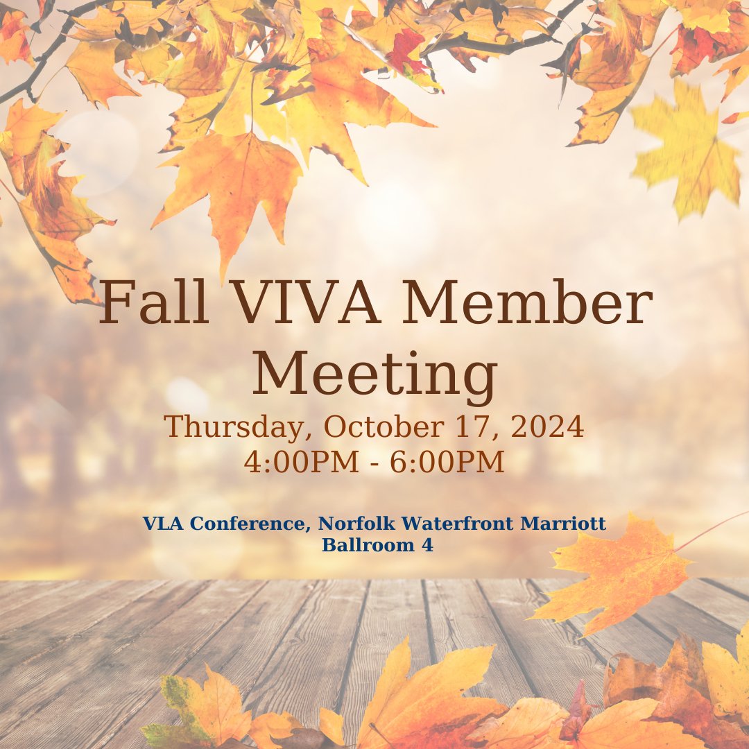 Attention VLA Conference Attendees!

Join us for the VIVA Member Meeting: vivalib.org/va/2024MemberM…. Don’t miss this opportunity to connect!

October 17, 2024
4PM to 6PM
Marriott Ballroom 4

Already attending VLA? We hope to see you at the Member Meeting!

#VLA2024 #VIVAlibraries