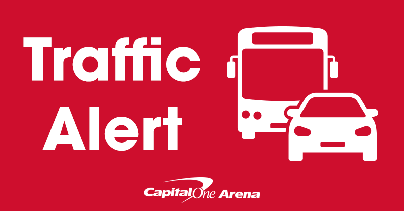 CapitalOneArena's tweet photo. Fans driving to the @Capitals game tomorrow evening are advised to allow extra travel time and consider alternative routes due to road closures for Vice President Kamala Harris’ address.