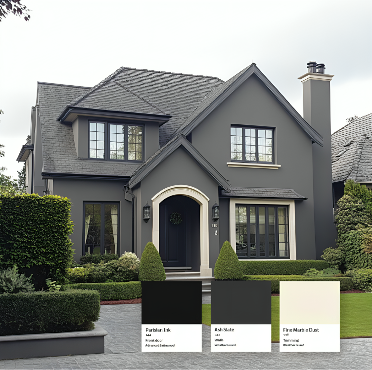 Moody and bold all while being subdued and mysterious. Parisian Ink on the front door adds a flair of drama and sophistication, while Ash Slate and Dusty White come together to create a unique palette that works all year round. 🌫️  #fleetwoodpaints