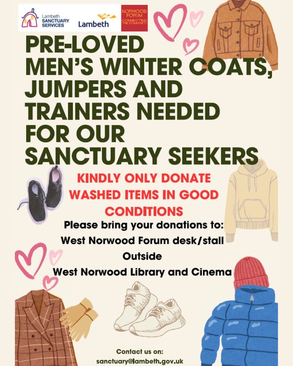 Norwood Forum (@thenorwoodforum) on Twitter photo We will be <a href="/WN_FEAST/">West Norwood Feast</a> this Sunday collecting pre-loved men's winter coats, jumpers & trainers for our sanctuary seekers. Please bring along any donations to our stall outside the Picturehouse from 10am - 4pm this Sunday #westnorwoodfeast #norwoodforum #lambethsanctuaryservices We will be <a href="/WN_FEAST/">West Norwood Feast</a> this Sunday collecting pre-loved men's winter coats, jumpers & trainers for our sanctuary seekers. Please bring along any donations to our stall outside the Picturehouse from 10am - 4pm this Sunday #westnorwoodfeast #norwoodforum #lambethsanctuaryservices