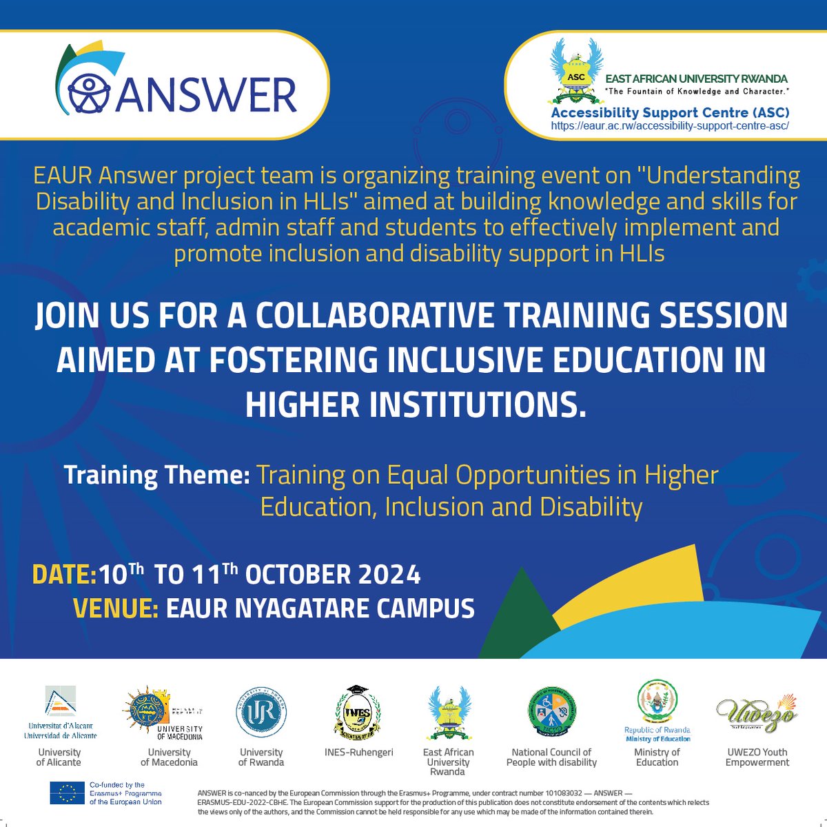 #Upcoming training on “Understanding Disability and Inclusion in HLIs” at East African University Rwanda!

🗓️ 10th-11th October 2024  
📍 EAUR Nyagatare Campus

𝐃𝐢𝐬𝐚𝐛𝐢𝐥𝐢𝐭𝐲 𝐢𝐬 𝐧𝐨𝐭 𝐈𝐧𝐚𝐛𝐢𝐥𝐢𝐭𝐲

#InclusiveEducation #Diversity #EAUR