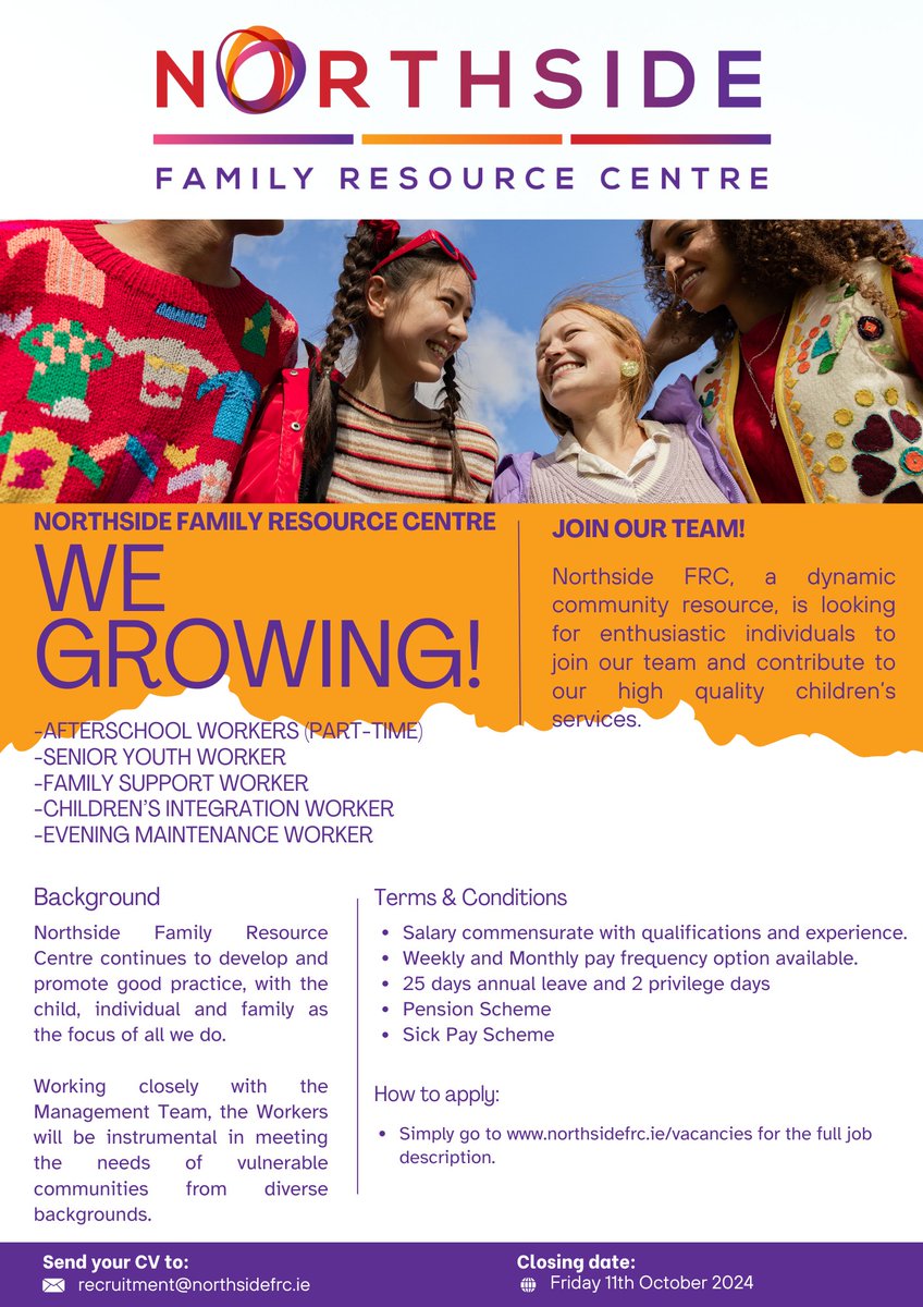 We are growing across a number of service areas. Check out all the exciting opportunities at northsidefrc.ie/vacancies
#jobs #limerick #jobopportunity #JobFairy #earlyyears #YouthWork #supportingfamiliesirl