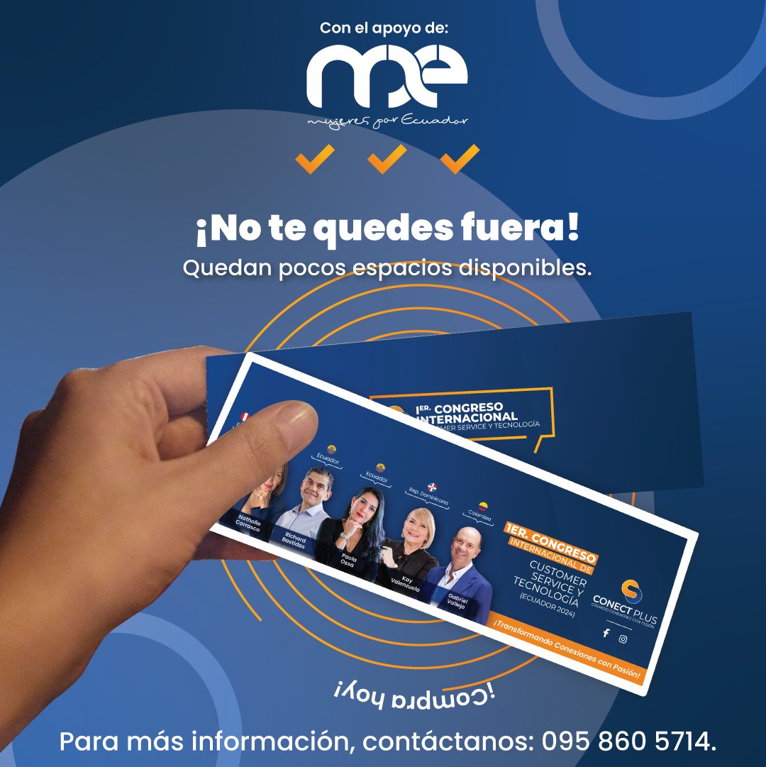 ¡No te quedes fuera! Últimos días para adquirir tus entradas. 

📞 Para más información, contáctanos: 095 860 5714. 
📅 09 de Octubre, Hotel JW Marriott, Quito 
🔗 Obtén tus entradas ingresando a fomoplanes.com/event/CONGRESO…

#ServicioAlCliente #Tecnología #Quito