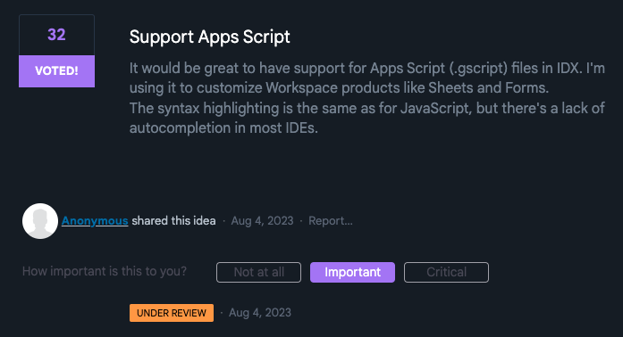 villanuevand's tweet image. Tremenda noticia! #ProjectID movió a "Under Review" el pedido de la comunidad para agregar soporte a #AppsScript
Gracias a @rodydavis y al equipo de DevRel 🥳
idx.uservoice.com/forums/953956-…