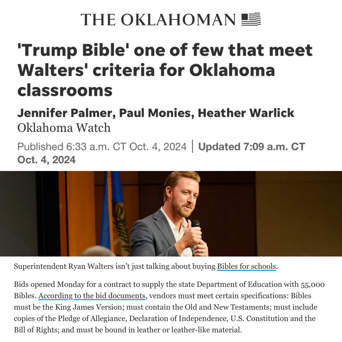 DarrigoMelanie's tweet photo. In case you were wondering what indoctrination in schools and corruption in government actually look like.

Right-wing extremist and Oklahoma Superintendent Ryan Walters may stock schools with 55,000 Trump bibles, that could transfer millions in taxpayer money to Donald Trump. https://t.co/m9ShWppDCu