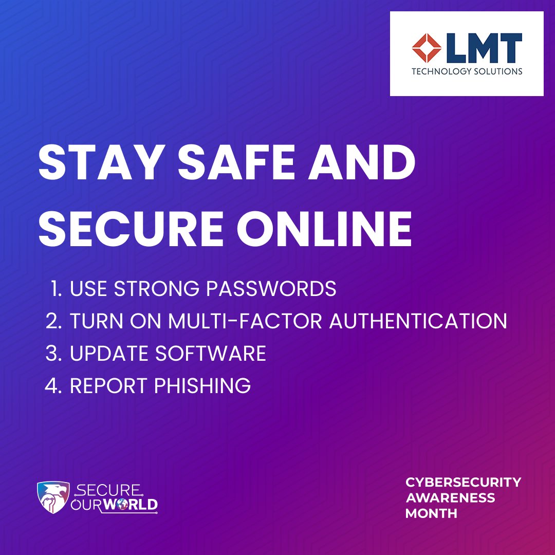 LMT Technology Solutions (@lmttechnology) on Twitter photo Download our #CyberSecurityAwarenessMonth infographic to help you, your family, and your #business #StaySafeOnline #SecureOurWorld
bit.ly/3UdBgGH Download our #CyberSecurityAwarenessMonth infographic to help you, your family, and your #business #StaySafeOnline #SecureOurWorld
bit.ly/3UdBgGH