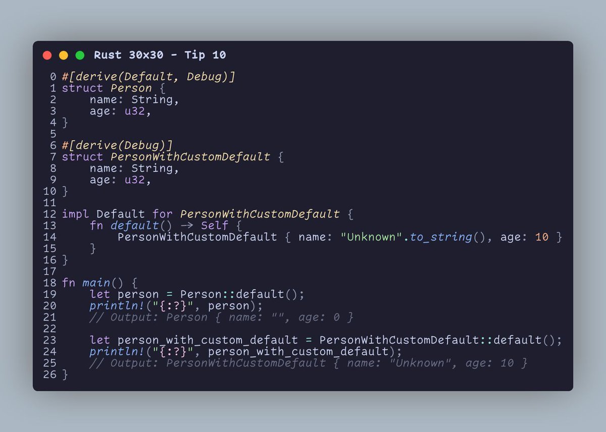 🏗️ #Rustlang Tip: Use the #[derive(Default)] attribute for struct initialization if all your fields have a Default implementation.

Be careful though, for Strings field, the default implementation will create an empty string!

#RustTricks #Rust30by30 #Day10