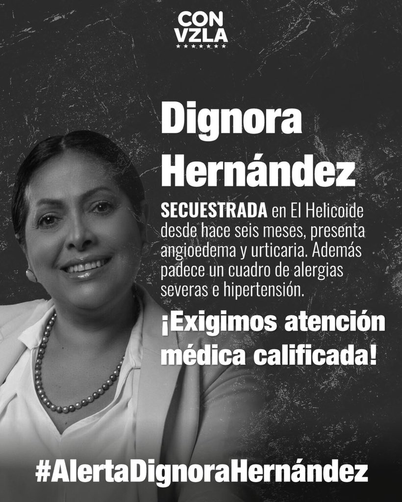 🆘ALERTA MUNDIAL‼️

La diputada Dignora Hernández, miembro de este Comando, presenta angioedema y urticaria de una semana de evolución, una situación preocupante por ser una paciente con un cuadro de alergias severas. 

¡Exigimos atención médica para ella!

#LibertadYA |