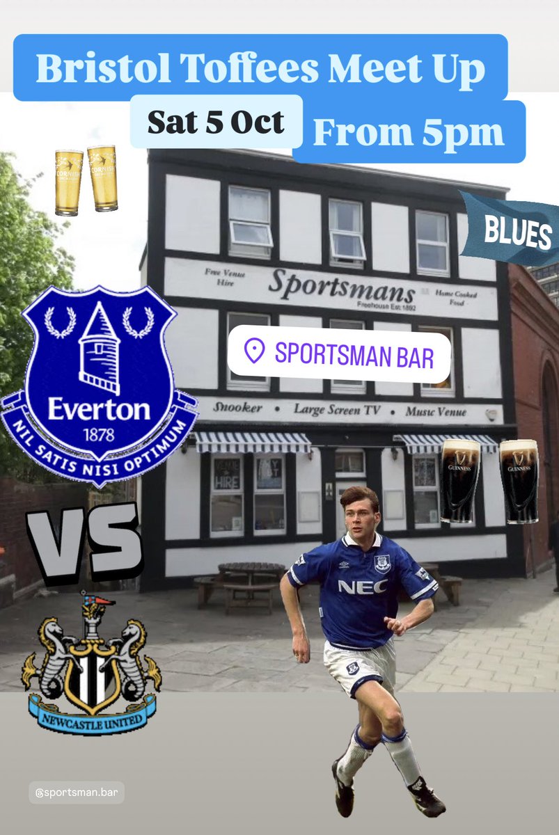 Bristol Toffees Meet Up

Everton v Newcastle from 5pm @ the Sportsmans Bar BS1 5AE 🍺 

All Blues Welcome 💙

#EFC #Everton #COYB
