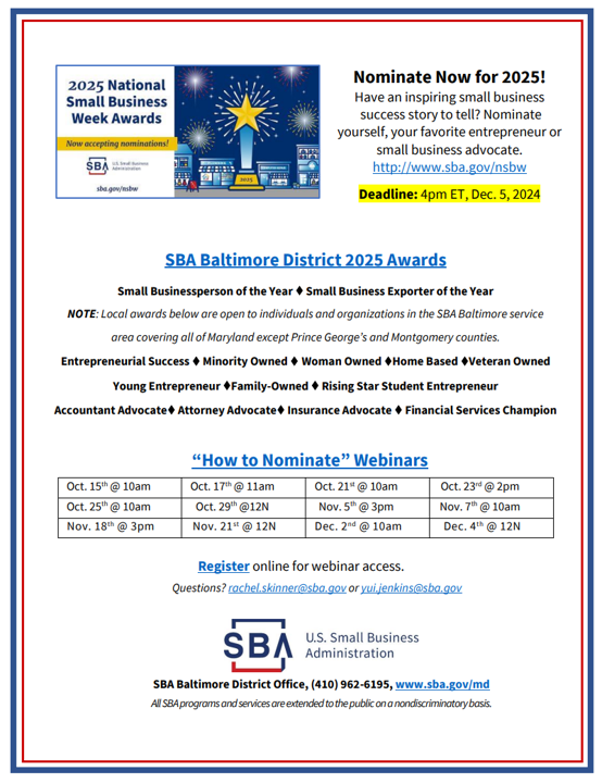 Have an inspiring small business success story to tell? Nominate yourself, your favorite entrepreneur or small business advocate for 2025 as nominations are opened until Dec 5, 2024.
sba.gov/district/balti…
sba.gov/events?distric…