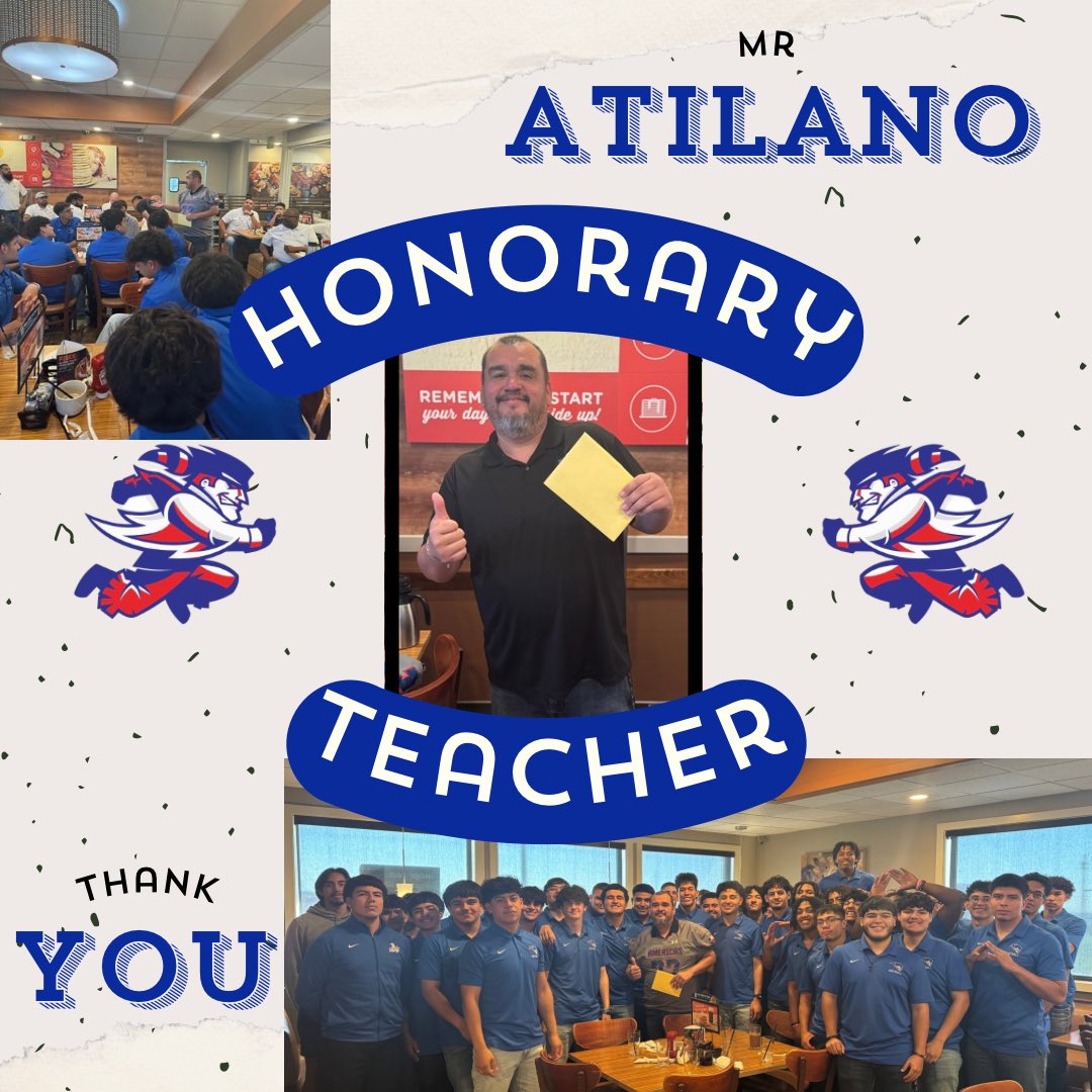 BlazerFBprogram's tweet photo. Congrats Mr. Atilano on being selected for our Honorary Teacher of the week! Thank you for all you do to support our student athletes! Blazer nation is lucky to have you! #PoP #One11 #EAT @ratila_ahs  @Americas_HS @Coach_NoeRobles https://t.co/0xXmL7vDNe
