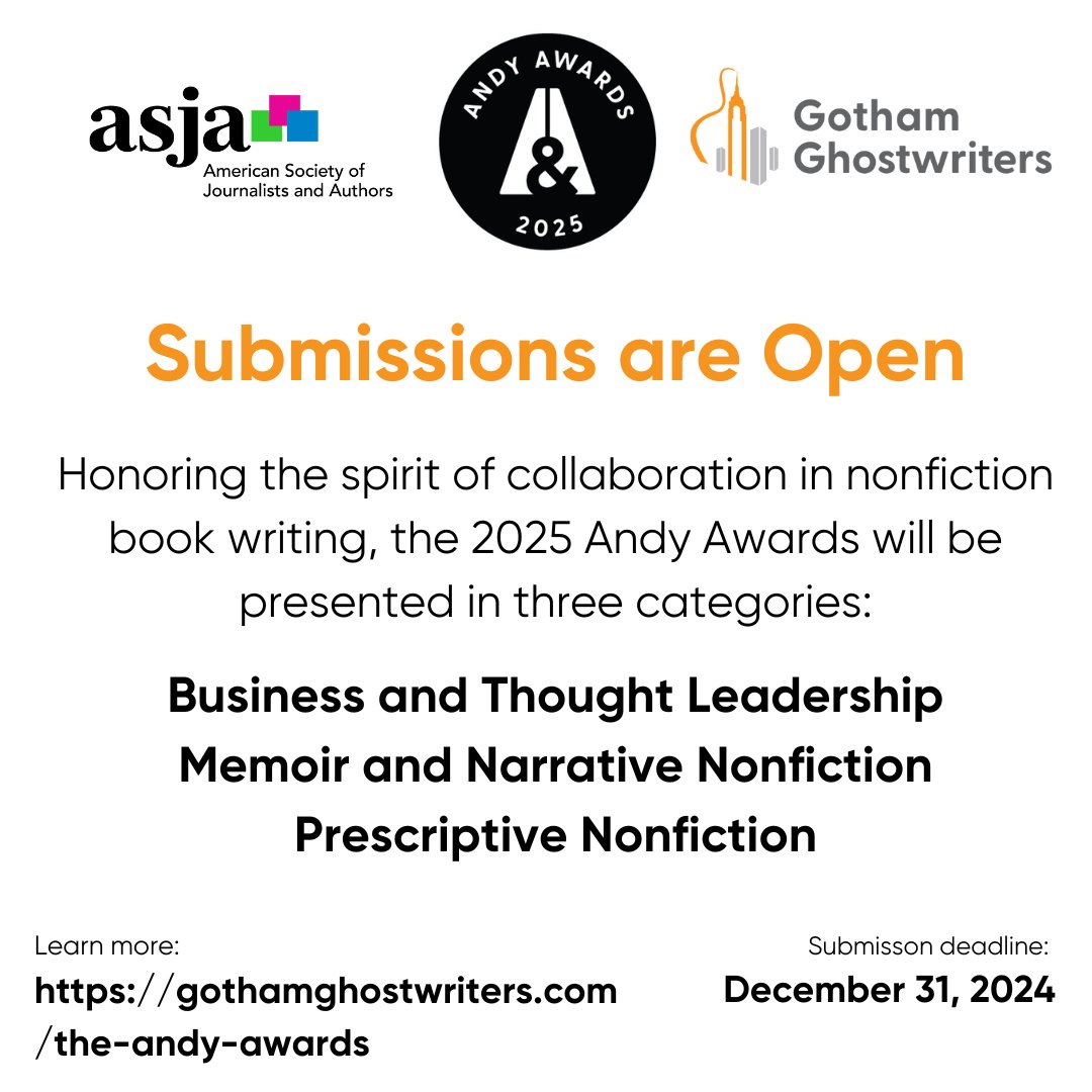 Submissions are open for the 2025 Andy Awards. Reflecting the growing appreciation that collaborative projects are outstanding nonfiction performers, honors will be awarded in three categories. Author &amp; Collaborator must co-submit.
gothamghostwriters.com/the-andy-award…