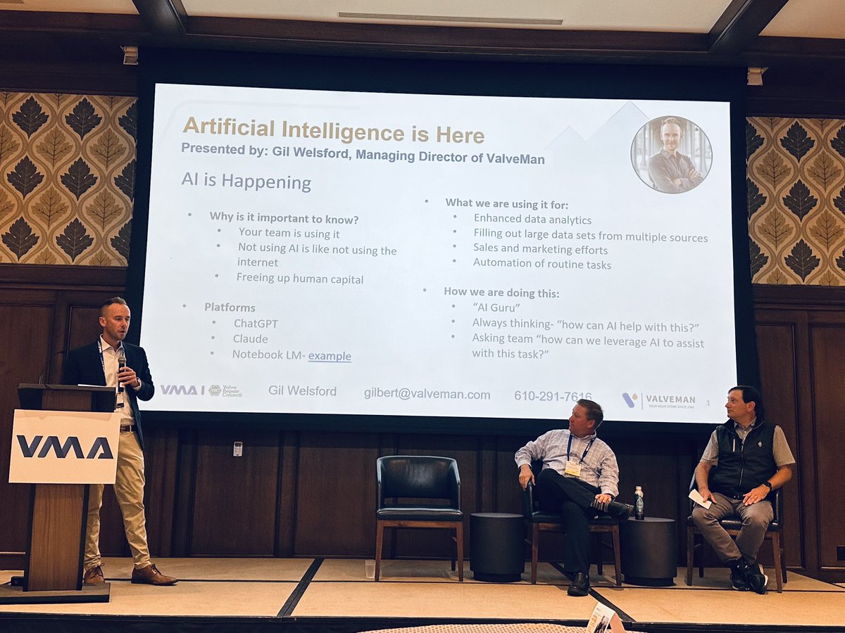 RTKlimko's tweet photo. Gilbert Welsford Jr., Managing Dir. of ValveMan presenting AI is here Valve Manufacturers Assoc 2024 Annual Meeting. Summarizing Gil, “It’s important our own employees understand our business as well as our customers and not rely on AI to circumvent those essential requirements.” https://t.co/fA0xljsqq1