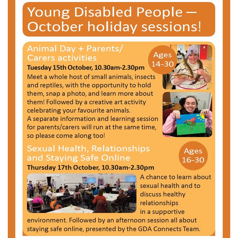 GDA__online's tweet photo. Our young disabled people's October holiday activities are coming up! Free, fun &amp; accessible!

Lunch and personal assistance are provided. We can also provide transport if needed.

To register your interest, email learning@gdaonline.co.uk, call 0141 556 7103 or text 07958 299496. https://t.co/w0VdkUUyeg