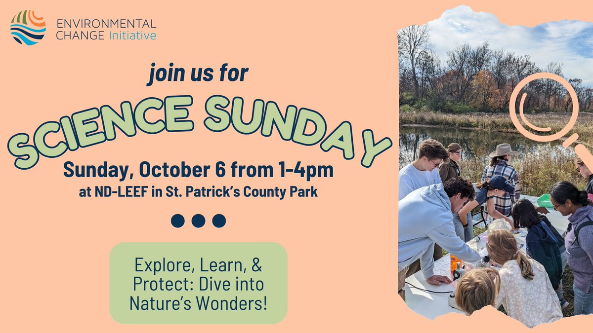 Explore the wonders of nature at Science Sunday TODAY 1-4 PM at St. Patrick’s County Park! Discover the role of freshwater resources, study aquatic organisms, and enjoy interactive activities led by Notre Dame experts. Fun for the whole family with free admission! #ScienceSunday