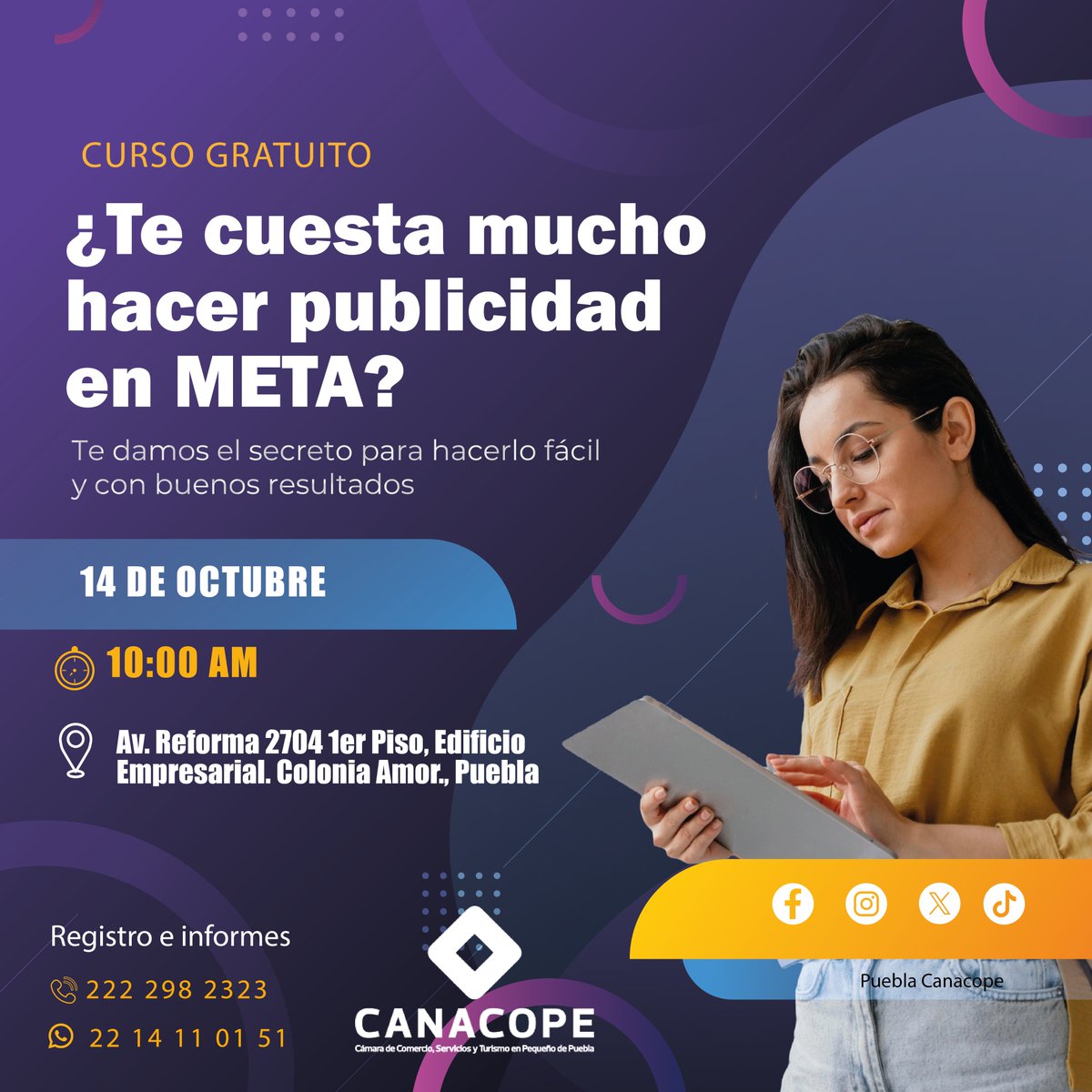 Canacope_Puebla's tweet photo. ¿Te cuesta mucho hacer publicidad en META?  ¡Tenemos el secreto para que sea más fácil y efectivo!

Únete a nuestro curso gratuito este 14 de octubre a las 10:00 am y aprende paso a paso cómo crear campañas exitosas en META. 💻🔥

Descubre las mejores estrategias para maximizar tus resultados sin complicaciones y llegar a tu público objetivo de forma eficiente. 

 ¡Inscríbete ahora y lleva tu negocio al siguiente nivel!
📞222 298 2323
📲22 14 11 01 51

#PublicidadDigital #MetaAds #PublicidadEfectiva #MarketingDigital