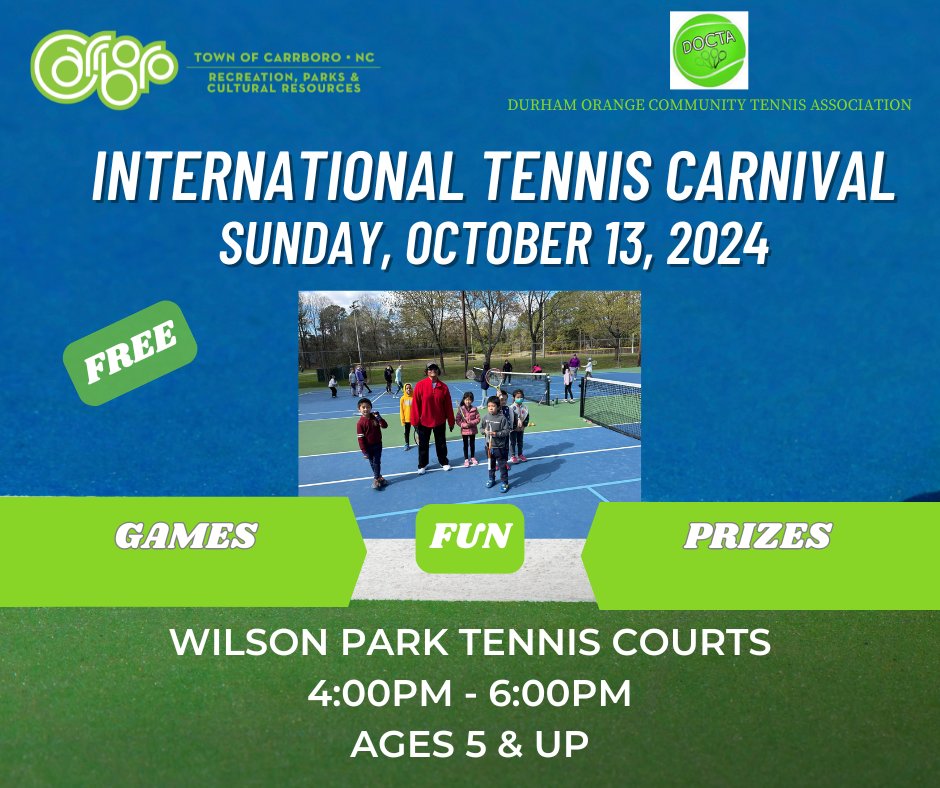 Join us next Sunday, October 13 from 4:00pm-6:00pm at Wilson Park for the International Tennis Carnival!  The event will feature games and prizes to help promote the game of tennis for youth and adults.  Ages 5 &amp; Up.  Free Event!