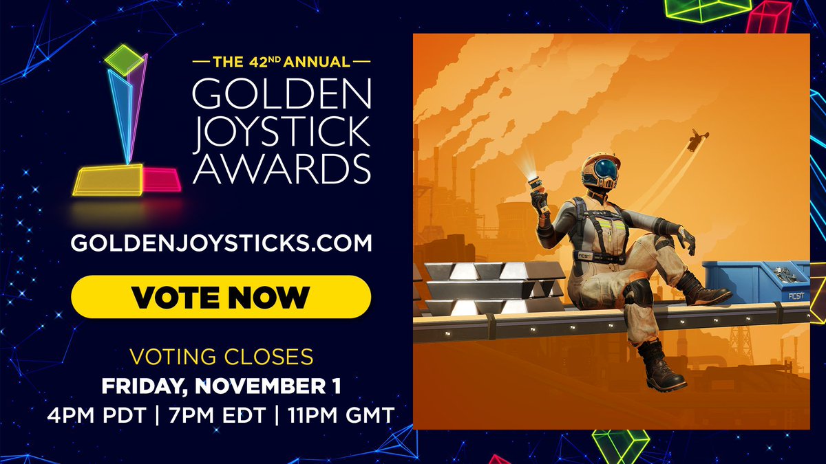 SatisfactoryAF's tweet image. We've been nominated for a @GoldenJoysticks award for 'PC Game of the Year' and we're very proud!

We wouldn't be here without your support during early access everyone! tyty💜

It's now in your hands to vote for us if you'd like!
gamesradar.com/goldenjoystick…
#GoldenJoystickAwards