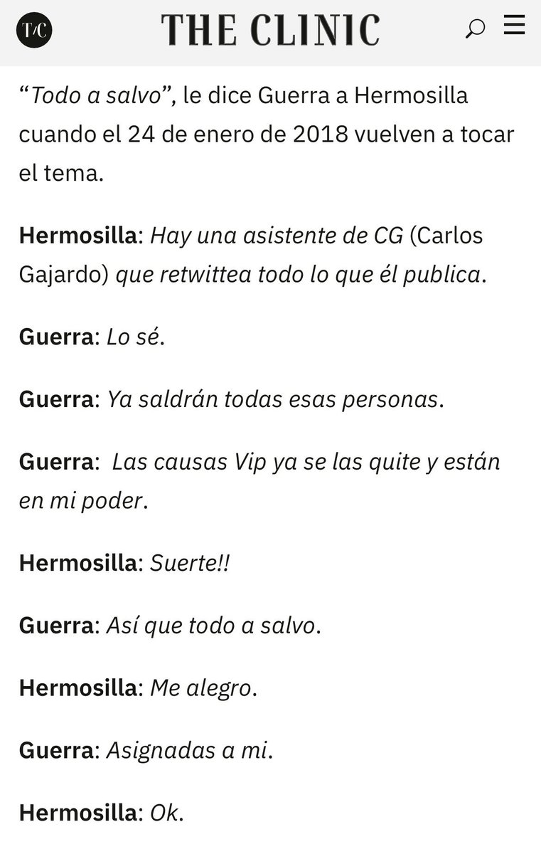 Guerra a Hermosilla: 
“Las causas VIP ya se las quité y está todo a salvo.”
Hermosilla a Guerra:
 “Me alegro”

De eso se trataba todo.