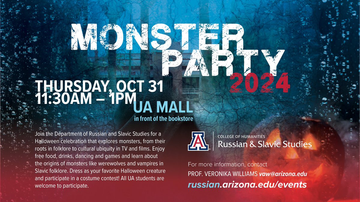 UARussian's tweet photo. Celebrate Halloween and all things monstrous with the Russian and Slavic Studies Department from 11:30AM-1PM on the UA Mall in front of the bookstore! https://t.co/AbcE82RB4j