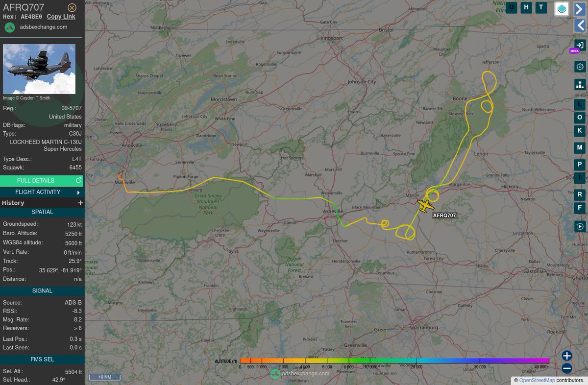 TheIntelFrog's tweet photo. US Air Force HC-130J #AE4BE0 as AIR FORCE RESCUE 707 overhead of several locations in Western North Carolina. https://t.co/9mbe9y1HpT