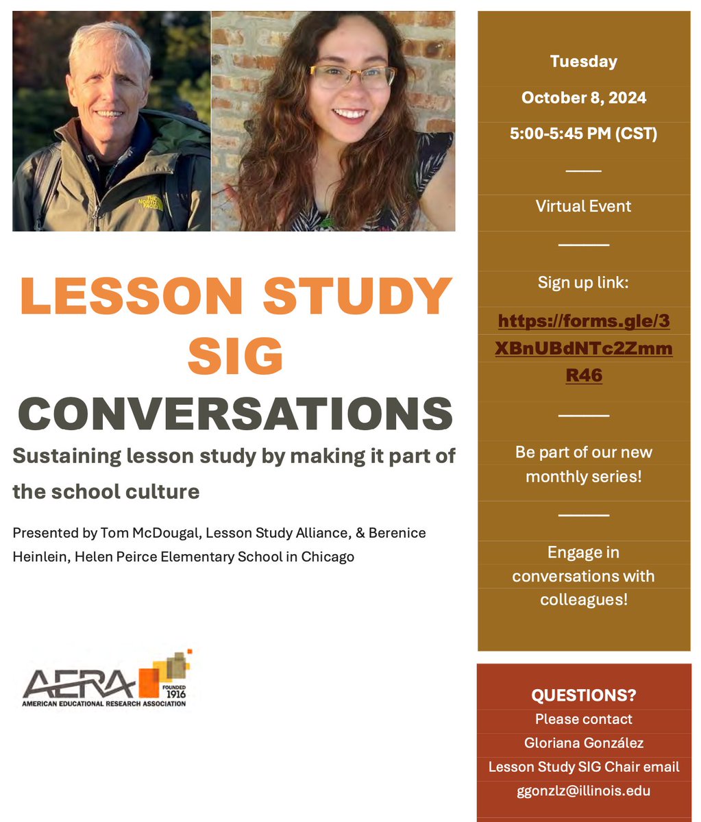 Join our #LessonStudy Conversations Webinar. Tuesday, Oct. 8 at 5pm CST. Hosted by the AERA Lesson Study SIG. Free and open to all, register at: forms.gle/3XBnUBdNTc2Zmm…