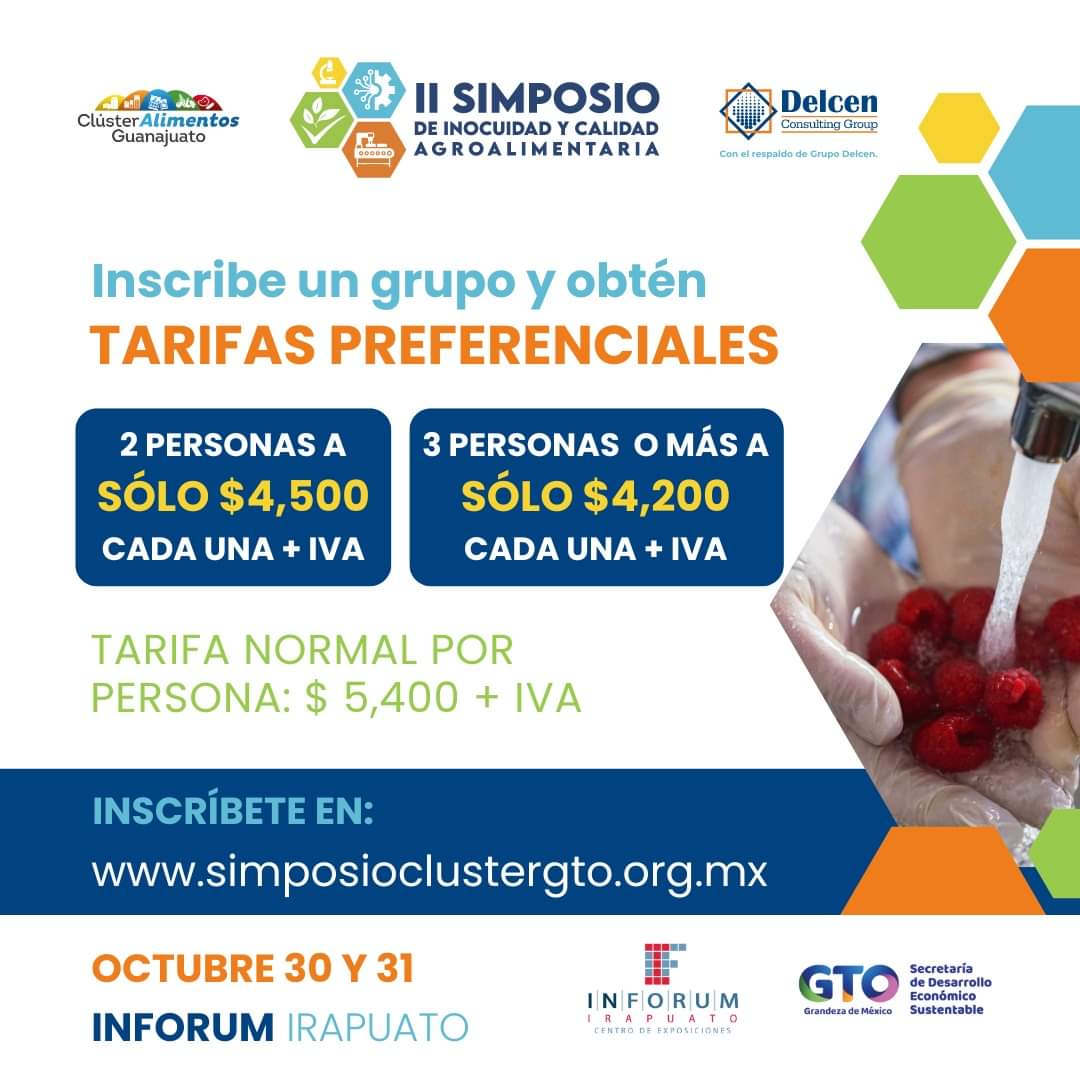 CALIMENTOSGTO's tweet photo. #simposiocluster| ¡Descuentos exclusivos para grupos!. Reúne a tu equipo y aprovechen descuentos 📢 en el Segundo Simposio de
Inocuidad y Calidad Agroalimentaria. 🌱🥫
¡No pierdan la oportunidad de estar a la vanguardia! 
https://t.co/1ymyE3PXnj
#inscripcióngrupal #simposioagro https://t.co/0GzFS6zszx