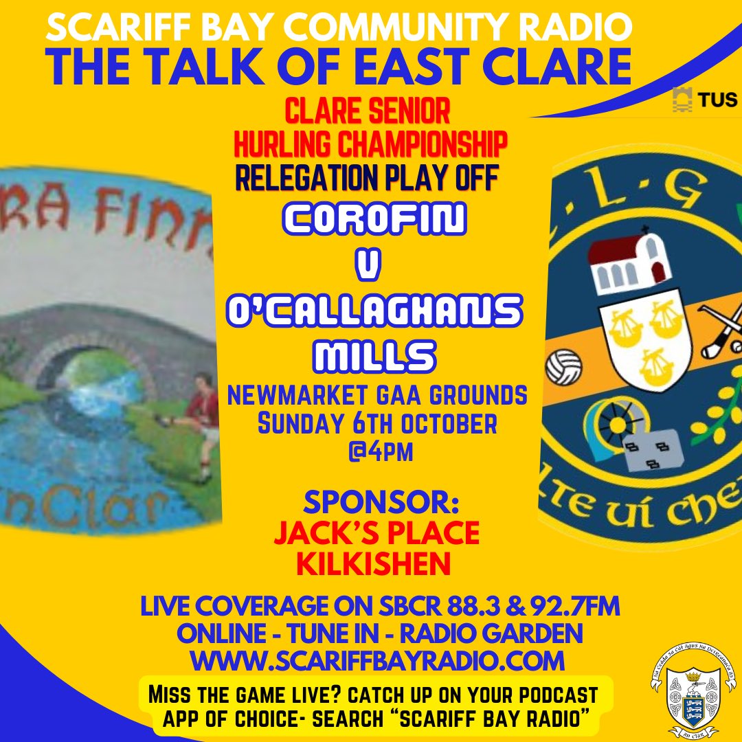⁦<a href="/scariffbayradio/">Scariff Bay Community Radio SBCR</a>⁩  live games this weekend as ⁦<a href="/killanenagaa/">killanenaGAA</a>⁩ are in the intermediate semi final and ⁦<a href="/ocmillsgaa/">OC Mills GAA</a>⁩ are in the senior relegation playoff. Best wishes to ⁦<a href="/feaklegaa/">Feakle Gaa</a>⁩ in the senior semi final 
#eastclareabu!
⁦<a href="/GaaClare/">Clare Gaa</a>⁩ ⁦<a href="/CRAOL/">Community Radio Ireland</a>⁩