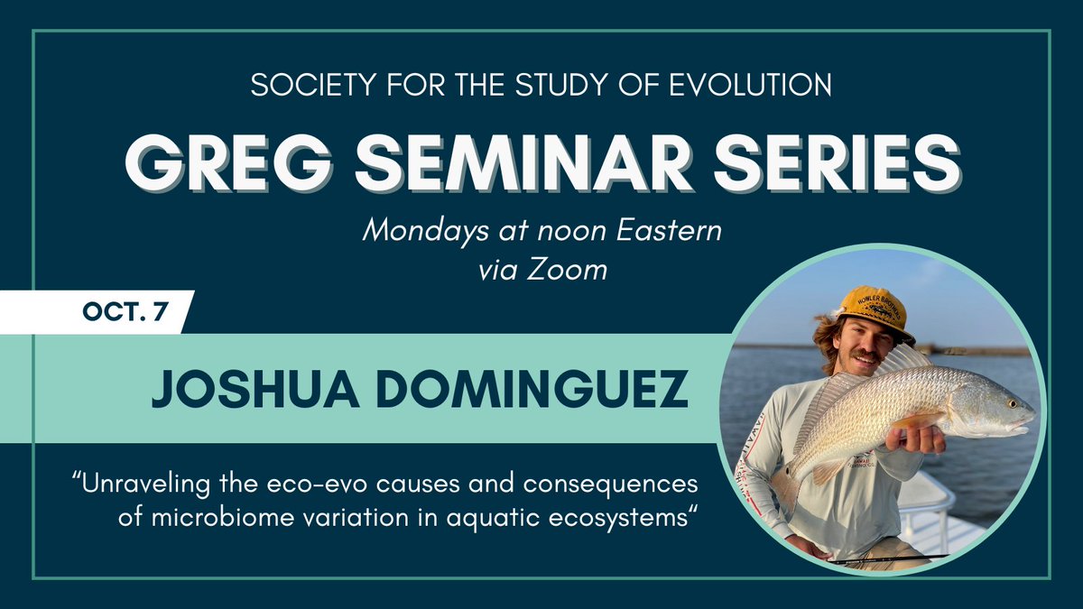 SSE (@sse_evolution) on Twitter photo Join us Monday at noon Eastern for our next GREG Seminar! <a href="/ucsdbiosciences/">UCSD BioSciences</a> PhD candidate Joshua Dominguez presents “Unraveling the eco-evo causes and consequences of microbiome variation in aquatic ecosystems”
evolutionsociety.org/meetings/greg-… Join us Monday at noon Eastern for our next GREG Seminar! <a href="/ucsdbiosciences/">UCSD BioSciences</a> PhD candidate Joshua Dominguez presents “Unraveling the eco-evo causes and consequences of microbiome variation in aquatic ecosystems”
evolutionsociety.org/meetings/greg-…