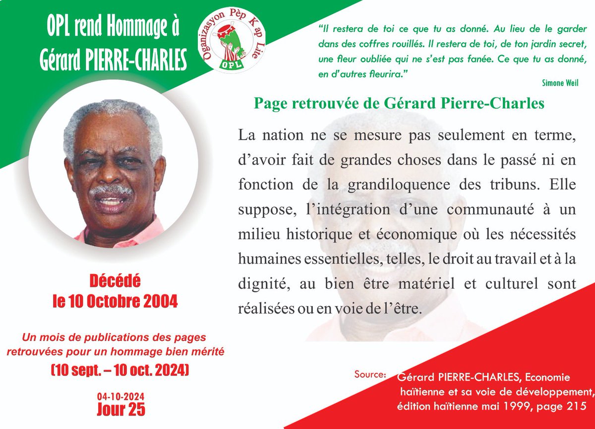📢 #Vingt-cinquième jours . 
Hommage à Gérard Pierre-Charles 
     🗓️18 Déc 1935 - 10 Oct 2004.

#OPL
#Hommage 
#InMemoriam 
#ÒganizasyonPèpKapLite