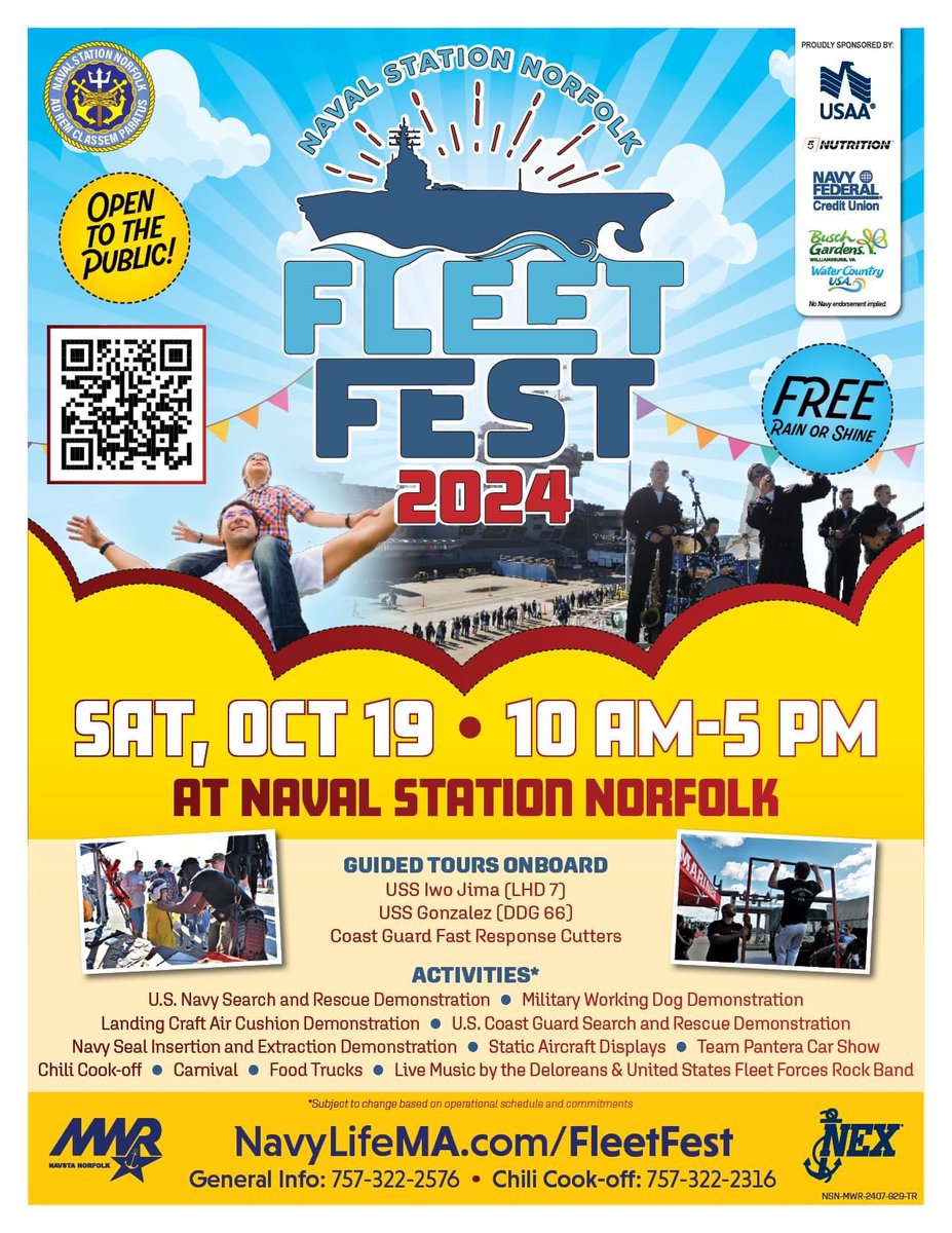 Naval Station Norfolk (@nav_sta_norfolk) on Twitter photo Who’s coming to Fleet Fest 2024???? Free and open to the public!!!!
<a href="/TheDeloreans80/">The Deloreans</a>
<a href="/USSIwoJima/">USS Iwo Jima</a>
<a href="/USSGonzalez/">USS GONZALEZ(DDG-66)</a>
@COMNAVAIRLANT11
@surflant
<a href="/USFleetForces/">U.S. Fleet Forces</a>
<a href="/USCG/">U.S. Coast Guard</a> Who’s coming to Fleet Fest 2024???? Free and open to the public!!!!
<a href="/TheDeloreans80/">The Deloreans</a>
<a href="/USSIwoJima/">USS Iwo Jima</a>
<a href="/USSGonzalez/">USS GONZALEZ(DDG-66)</a>
@COMNAVAIRLANT11
@surflant
<a href="/USFleetForces/">U.S. Fleet Forces</a>
<a href="/USCG/">U.S. Coast Guard</a>