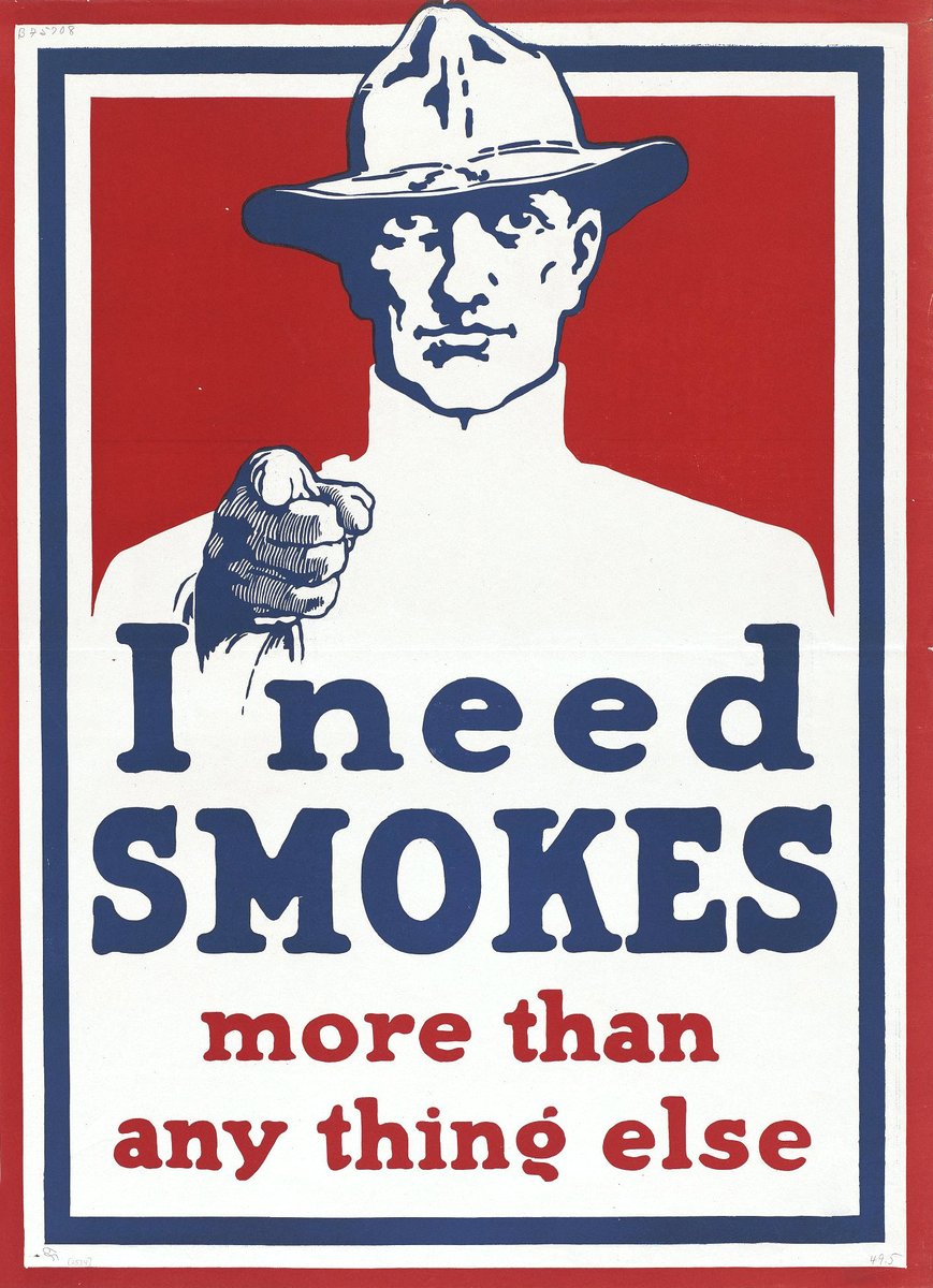 propagandopolis's tweet photo. 'I need smokes more than anything else' — American poster from the First World War, ca. 1918. https://t.co/yennjzfdvh