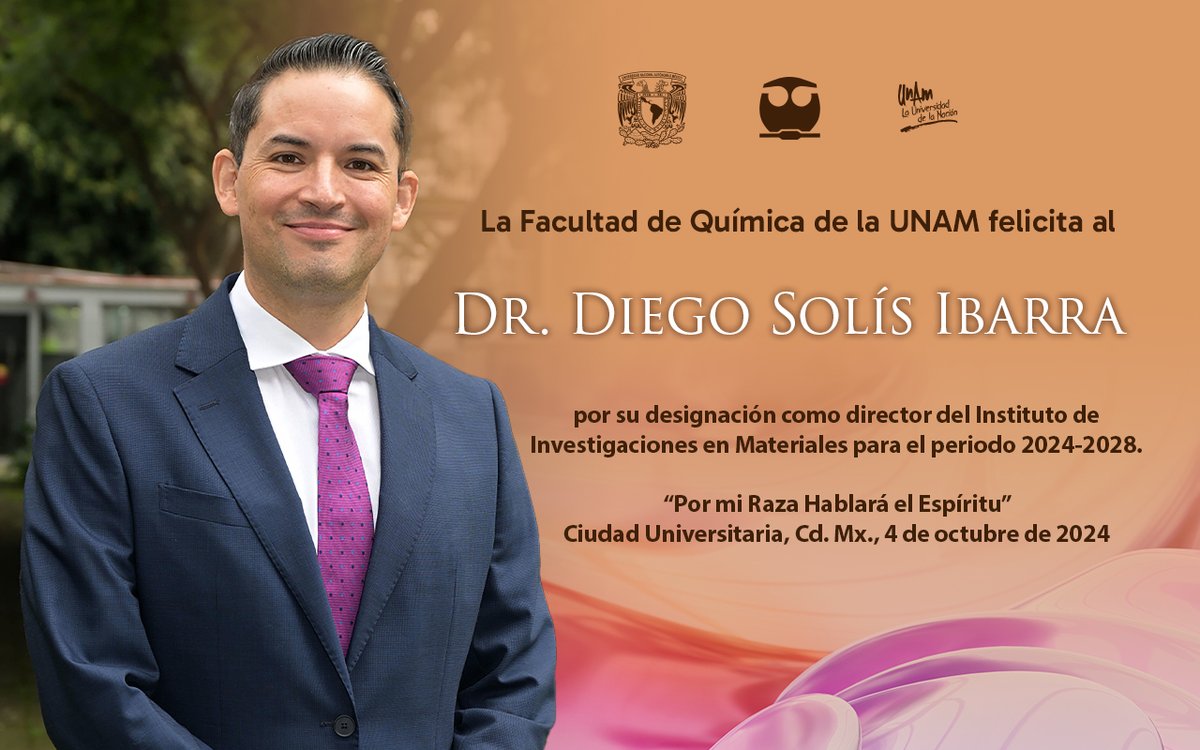 La Facultad de Química de la UNAM felicita al Dr. Diego Solís Ibarra por su designación como director del Instituto de Investigaciones en Materiales para el periodo 2024-2028.
#SomosFQ