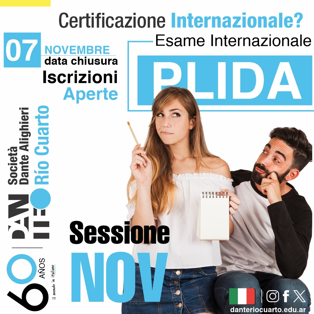 La noticia que estabas esperando!  Inscripciones abiertas PLIDA. Centro Certificador Río Cuarto: 20 años de trayectoria. Certificación internacional en lengua italiana PLIDA  Más info en danteriocuarto.edu.ar