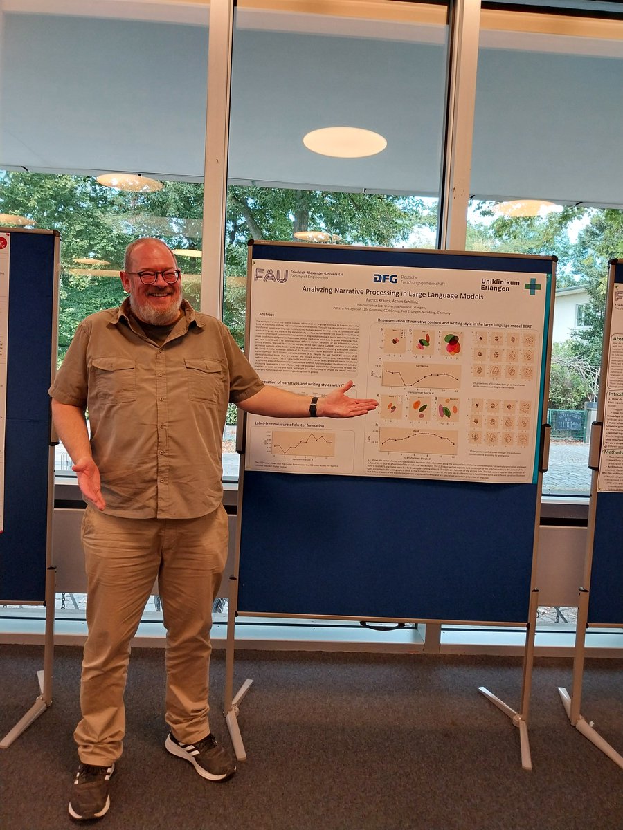 Patrick Krauss (@krauss_pk) on Twitter photo Excited to present at #ESLP2024: "Analyzing Narrative Processing in #LLMs"! We explored how #BERT models #language #processing, finding that stylistic variations are processed earlier than narrative content, similar to how the #brain handles language. <a href="/maier_ak/">Andreas K. Maier</a> <a href="/UniFAU/">FAU Erlangen-Nbg</a> Excited to present at #ESLP2024: "Analyzing Narrative Processing in #LLMs"! We explored how #BERT models #language #processing, finding that stylistic variations are processed earlier than narrative content, similar to how the #brain handles language. <a href="/maier_ak/">Andreas K. Maier</a> <a href="/UniFAU/">FAU Erlangen-Nbg</a>