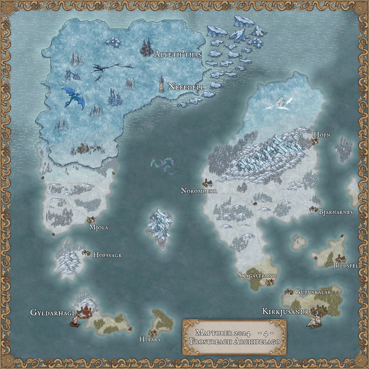 #maptober2024 <a href="/inkarnaterpg/">Inkarnate</a> 
4 - Frostreach Archipelago

Well... I still don't like world maps.
Have to train more on these.