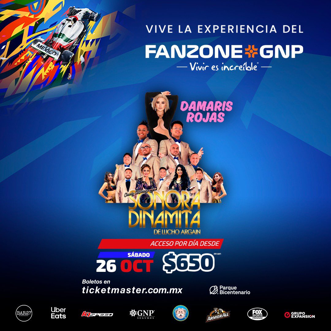 FANZONEGNPCDMX's tweet photo. ¡El baile de la @sonoradinamita y #DamarisRojas estará en el F1 Fanzone GNP ‘Vivir es increíble’! 🏁

Además de ver el @mexicogp podrás disfrutar de este show y ponerte a bailar en el @PBicentenarioMX. 🏎️

No te quedes fuera 🎟️ https://t.co/NOvsyfJ3vu

#F1ESTA https://t.co/VwwJ6dRp53
