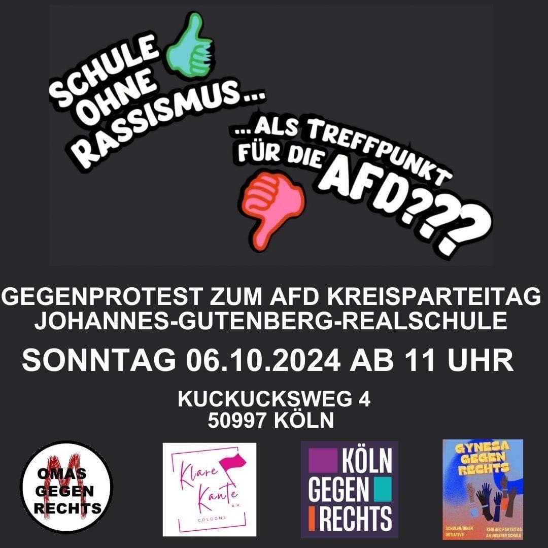 ACHTUNG! KÖLN!
Wir haben mal wieder AfD. 
Am 06.10.2024 soll ein weiterer Kreisparteitag der AfD in den Räumen einer Kölner Schule stattfinden. Diesmal hat es die Johannes-Gutenberg Realschule in Köln Godorf erwischt.
#K0610 #Köln #fckafd #FCKNZS