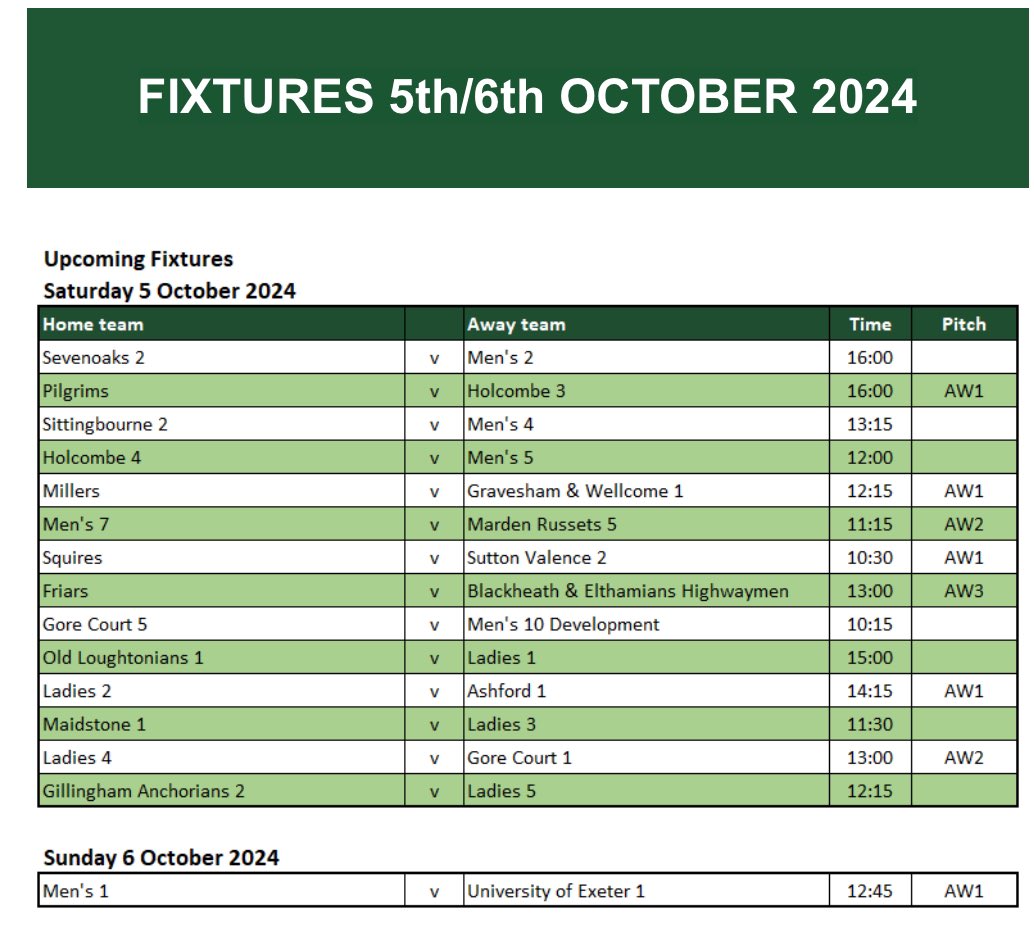 Club fixtures for this upcoming weekend