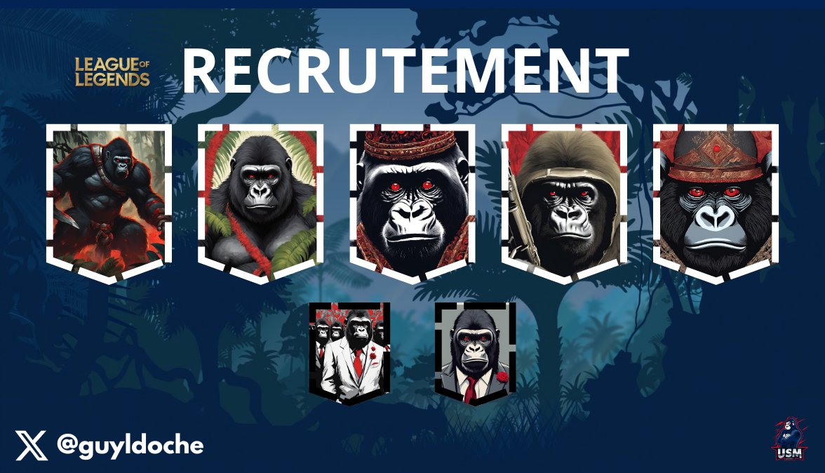 Nouveau projet League Of Legend ! 🦍

Besoins :
- Manager
- Coach
- 5 Joueurs motivés !
- Niveau GM minimum

Objectifs :
1 - Jouer le Day 2 minimum au Nexus Tour
2 - Participer à une LAN
3 - Devenir les meilleurs Monkeys de la Jungle ! 🔥

DM <a href="/guyldoche/">USM Guyldoche</a> | discord : usm_guyldoche